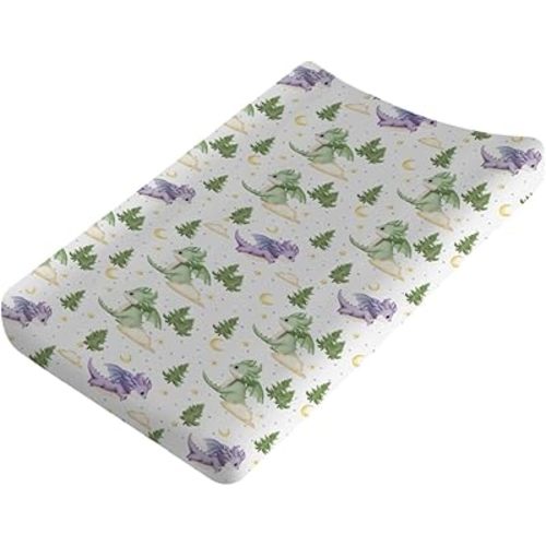 Fairy Tale Dragons Baby Changing Pad Covers for Boy Girl 32''x16'' Fantasy Dragon Stars Clouds Forest Fitted Diaper Change Table Sheets Cute Animal Comfort Soft Breathable Baby Changing Table Mats
