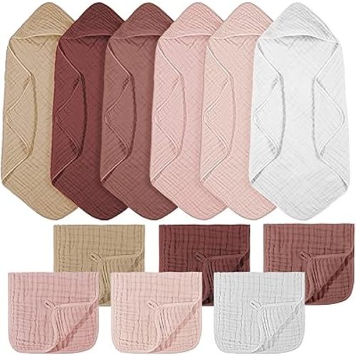 VitalCozy 12 Pcs Baby Muslin Hooded Bath Towels and Washcloths Muslin Cotton Hooded Baby Towels Absorbent Blankets for Gift Newborn Infant Shower (32 x 32 Inch,Girl Style)