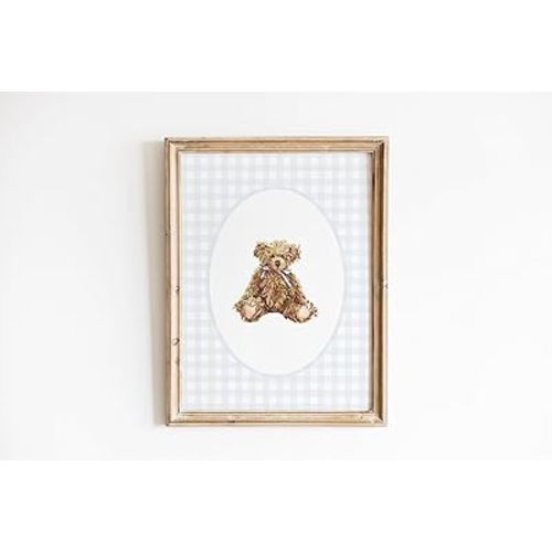 Watercolor Vintage Teddy Bear Print, Baby Boy Nursery Art, Soft Blue Gingham Watercolor Nursery Art Teddy Boy Room Decor Blue Unframed 8