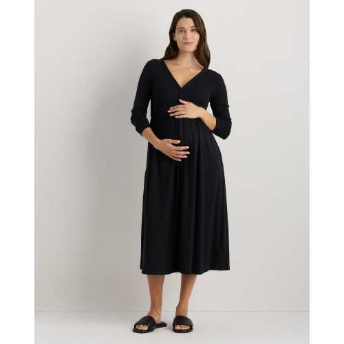 Bamboo Rib Maternity Long Sleeve Button Front Dress - Maternity in Bold Black
