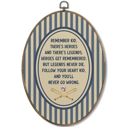 Fewgb Vintage Baseball Boys Nursery Inspirational Oval Wall Art Decor Framed, Baby Boys Toddler Kids Room Playroom Bedroom Canvas Wall Art Prints Picture, Sports Blue Striped Hanging Artwork 9x12