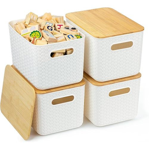 4 Packs Storage Bins with Bamboo Lids - Plastic Storage Containers with Lids Stackable Storage Box：Storages Baskets for Organizing Desktop Closet Playroom Classroom Office,White