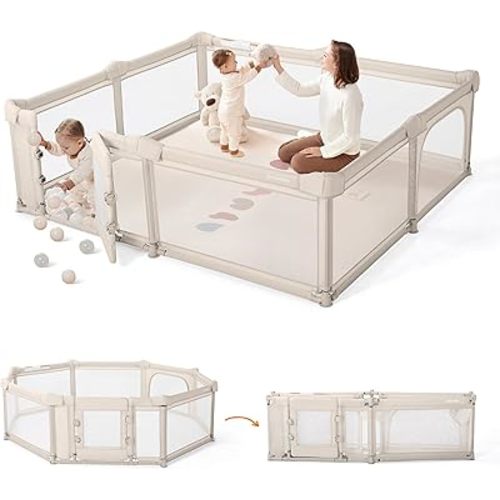 Foldable Baby Playpen, 79x71 Inch Baby Gate Playpens for Babies and Toddlers Extra Large Play Yard with Door Child Fence and Indoor Play Pen, Beige