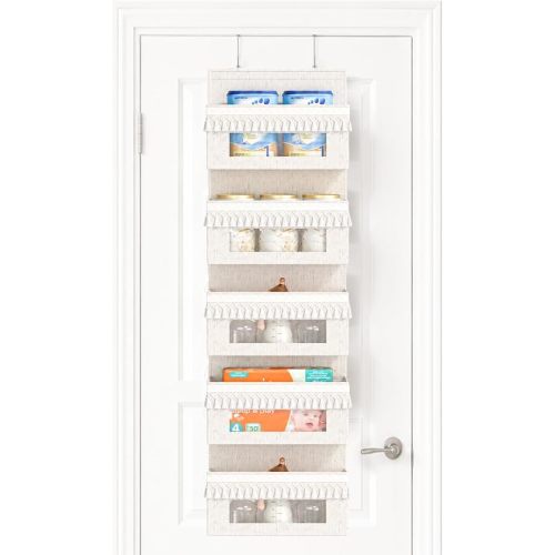 5 Tier Over The Door Organizer Storage Nursery, Boho Door Organizer Hanging with Tassels and Clear Window, 65lb Behind The Door Storage for Baby Nursery, Bedroom, Bathroom
