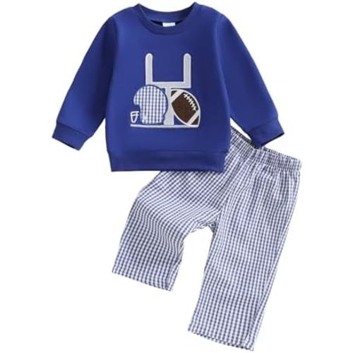 Arvbitana Toddler Baby Boy Rugby Outfit Long Sleeve Smocked Sweatshirt Tops Gingham Plaid Pants Two Piece Football Clothes