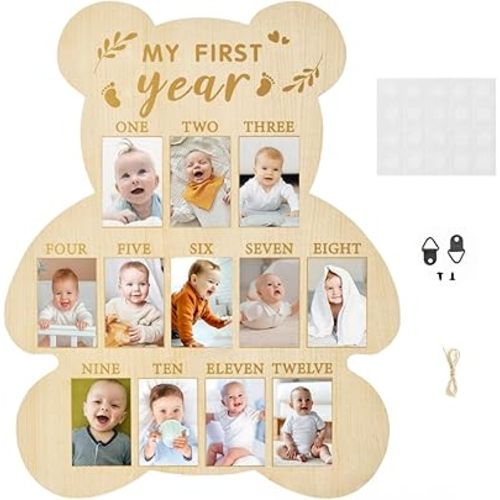 12 Monthly Picture Frame,One Year Birthday Wooden Photo Board, My First Year Milestone Photo Board Baby First year Wood Sign (Bear)