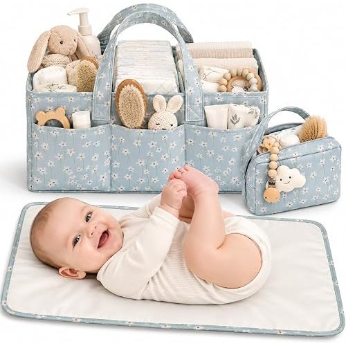 Baby Diaper Caddy Organizer 3 Pcs Set, Floral Baby Basket Shower Gift, Nursery Organizer Basket for Newborn Boy Girl Essential Items, Changing Table Organizer Caddy for Baby Stuff, Car Caddy