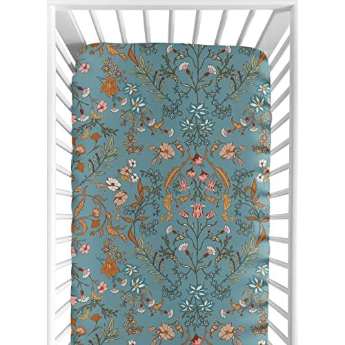 Sweet Jojo Designs Boho Wildflower Vintage Floral Girl Fitted Crib Sheet Baby Toddler Bed Nursery Teal Turquoise Rust Orange Daisy Leaves Botanical Paisley Leaf Flower Bohemian Farmhouse Blue Green