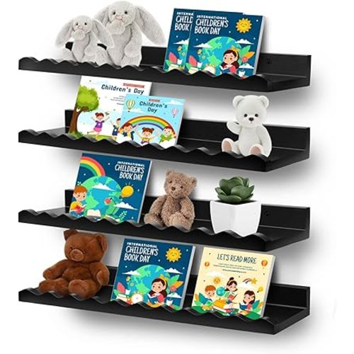 Nursery Book Shelves, Floating Book Shelves for Wall, Scalloped Shelves for Wall Decor and Storage Perfect for Books, Toys, Photo Frames, and Nursery Décor (Black)