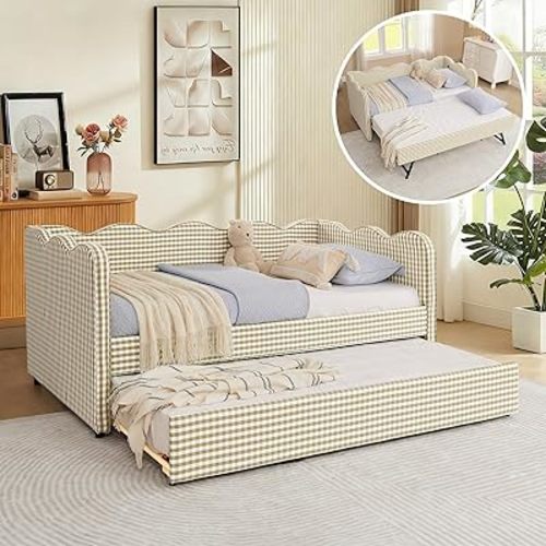Twin Size Gingham Daybed with Trundle, Upholstered Linen Day Bed Frame with USB Ports & Wave-Shaped Backrest, Modern Sofa Bed for Living Room, Bedroom, Guest Room, No Box Spring Needed(Brown)