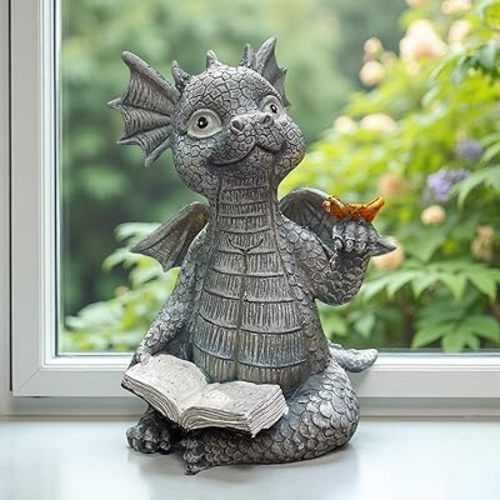 Cute Dragon Reading Book Statue, 5.9-Inch Tall Dinosaur Holding Butterfly Figurines Art Resin Sculpture Outdoor Garden Decor Home Desk Ornaments