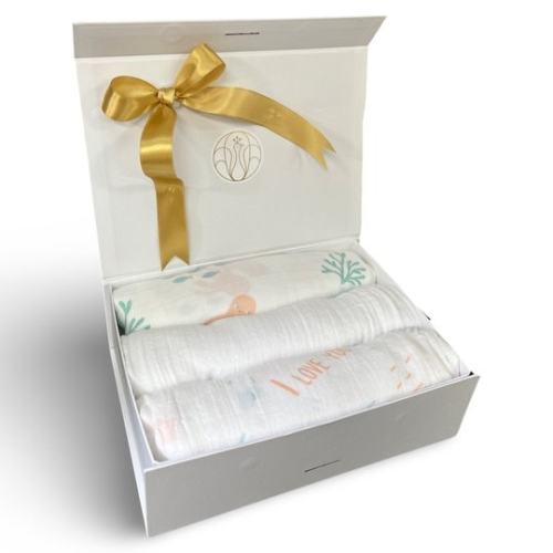 Muslin Swaddle Blankets: UNDER THE SEA, Set of 3, Girl Newborn Gift