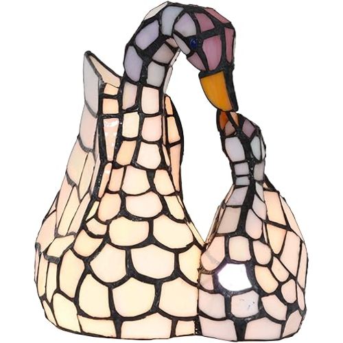 Bieye L10773 White Swans Tiffany Style Stained Glass Accent Table Lamp Night Light for Bedside Living Room Office Bedroom Animal Pet Lover, 11 inches Tall, White