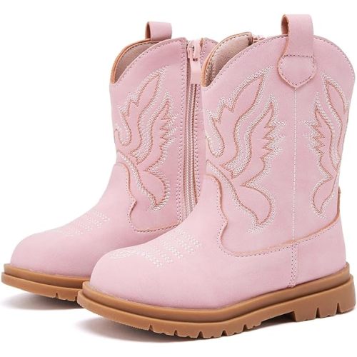 BMCiTYBM Toddler Cowboy Cowgirl Boots Boys Girls Western Round Toe Riding Mid Calf Booties for All Seasons(Toddler/Little Kid