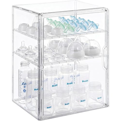 Baby Bottle Storage Organizer for Countertop Cabinet, 3 Tier Adjustable Bottles Station Container, Clear Acrylic Case Box with 2 Removable Dividers and Magnetic Door, Large
