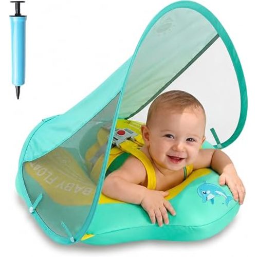 Baby Pool Float with Canopy UPF50+ Sun Protection, Soft Fabric-Covered Baby Floats with Safety Seat, No Flip Over Baby floatie for Age 6-36 Months, Infant Pool Float for Toddler (Green)
