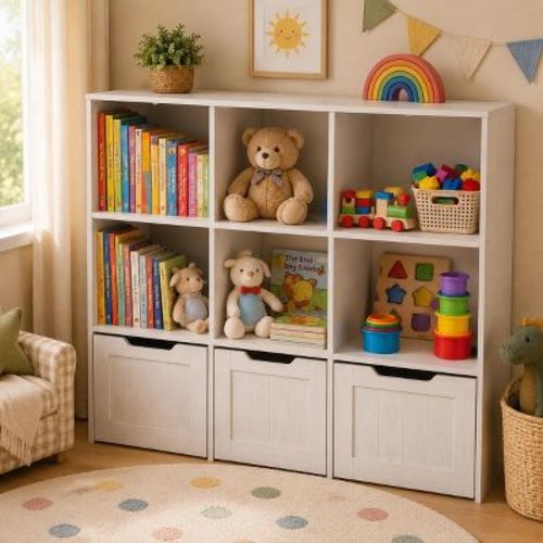 Kids Toy Storage Organizer with 3 Rolling Drawers and 5 Open Cubbies for Playroom, White, Ages 3+
