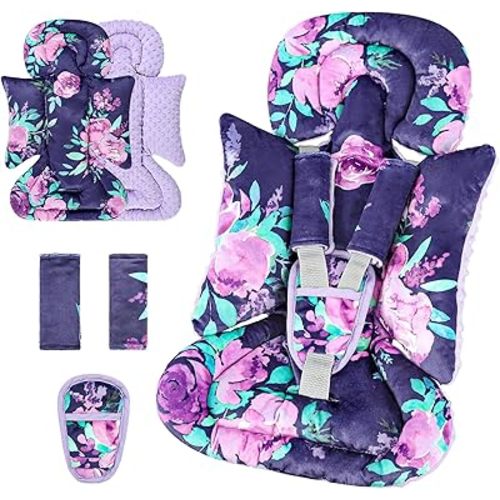 TANOFAR Car Seat Head Support Baby - Infant Car Seat Insert for Newborn Girls Boys - Soft Carseat Head Support for Infant - Newborn Carseat Insert for Car Seats, Strollers, Swings (Purple Floral)