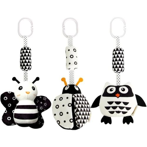 KAKIBLIN Baby Hanging Toy,3 Pack Black and White Baby Toys for 3 6 9 12 Months, High Contrast Hanging Toys,Plush Soft Stroller Rattles Toy for Boys and Girls(21CM, Ladybug,Bee & Owl)