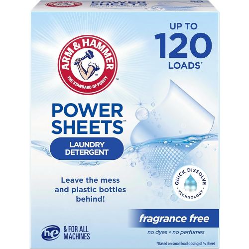 ARM & HAMMER Power Sheets Laundry Detergent, Fragrance Free, No Dyes or Perfumes, Lightweight and Travel-Friendly, 60 Count, Up to 120 Small Loads