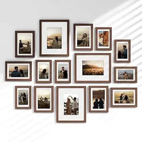 15 Pack Picture Frames Collage Wall Decor, Gallery Frame Set for Wall Mounting or Tabletop Display, Multi Sizes Including 3pcs 8x10, 6pcs 5x7, 6pcs 4x6, Walnut