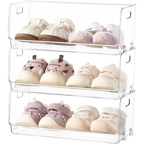 HBlife Clear Acrylic Kids Shoe Rack Baby Toddler Shoe Storage Organizer for Closet Floor Entryway Bedroom, 3 Tier Stackable Small Shoe Rack Shelf Display Stand