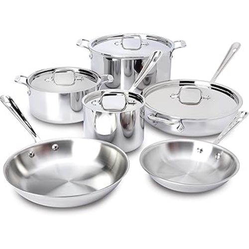All-Clad D3 3-Ply Stainless Steel Cookware Set 10 Piece, Induction, Oven Broiler Safe 600F, Kitchen Cooking Set w/ Frying Pans, Saucepans, Saute Pan, Stockpot and Soup Pot, Pots and Pans, Silver