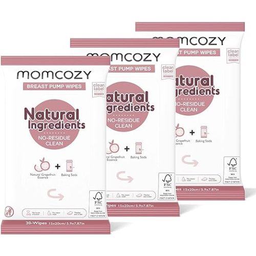 Momcozy Natural Breast Pump Wipes for Pump Parts Cleaning, Fast & Convenient Pump Wipes for Travel, Pack of 3