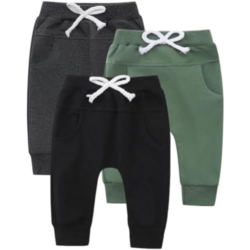 Yvowming Baby and Toddler Boys Cotton Jogger Sweatpants Pants Pull on Cotton Pants with Pockets Multipacks Long Pants
