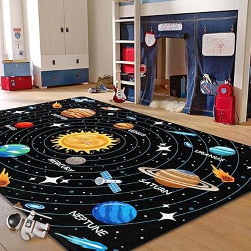 Kids Carpet Outer Space Rug, Solar System Mat 5x7 FT, Fun Game Boy Girl Kids Rug Carpet for Children Bedroom, Space Area Floor Mat for Living Room Nursery Room Toddler Classroom Decor