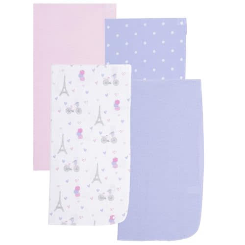 EVERYDAY KIDS 4 Pack of Soft Flannel Receiving Baby Blanket Set for Girls; Pink and Grey Baby Swaddle Blankets with Paris Eiffel Tower and Polka Dot Designs for Newborn Baby Girl Nursery