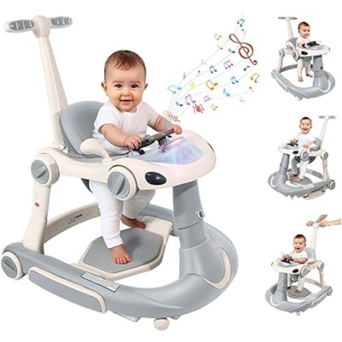 Baby Walker, 4-in-1 Baby Walker with Wheels Portable, Foldable Infant Toddler Walker for Boys Girls 6-18 Month,Removable Footrest,Car Steering Wheel & Music, Adjustable Push Walker Grey