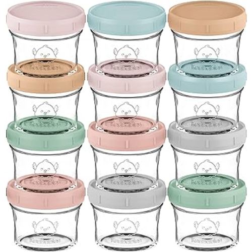 KeaBabies 12pk 4oz Glass Baby Food Containers with Lids - Leak-Proof, Microwavable Small Glass Jars, Baby Purees & Toddler Snack Storage Containers, BPA-Free, Dishwasher & Freezer Safe (Musk Dusk)