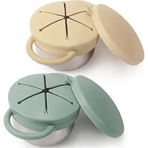 2 Pack Stainless Steel Spill Proof Snack Cup for Baby Toddlers Kids, with Silicone Food Catcher, Travel Lid, Spill-Proof Bowl Containers, Non Toxic BPA Free (Ash Green and Off-white)