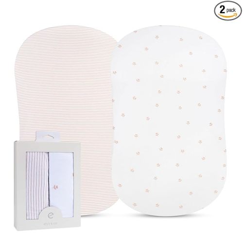 Ely’s & Co. Bassinet Sheets, Baby Girl Fitted Bassinet Mattress Sheet Set - 2 Pack, 100% Jersey Knit Cotton, fits Oval, Hourglass and Rectangle Bassinet Mattress, Pink Tulip, 32”x16”x3”