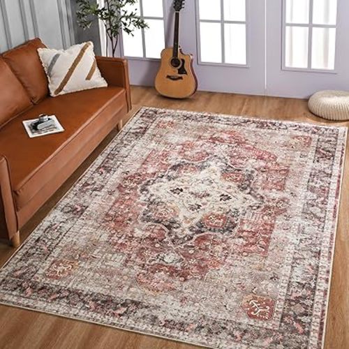 5x7 Washable Area Rug Red Vintage Floral Print Nonslip Thin Foldable Carpet for Living Room Bedroom Kitchen and Bathroom Traditional Distressed Indoor Accent Rug