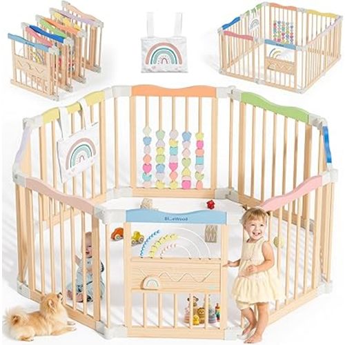 Foldable Wooden Playpen - Adjustable Wood Baby Play Yard, Indoor Large Safety Fence for Babies and Toddlers - Easy Assembly, 45 x 45 x 24 inches, Rainbow Dream