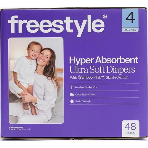 Freestyle BambooTek Diapers – (Size 4) Hyper Absorbent & Non-Toxic – Disposable Diapers for Sensitive Skin – Ultra Soft Diaper's (22-37 lbs) – 48 Count