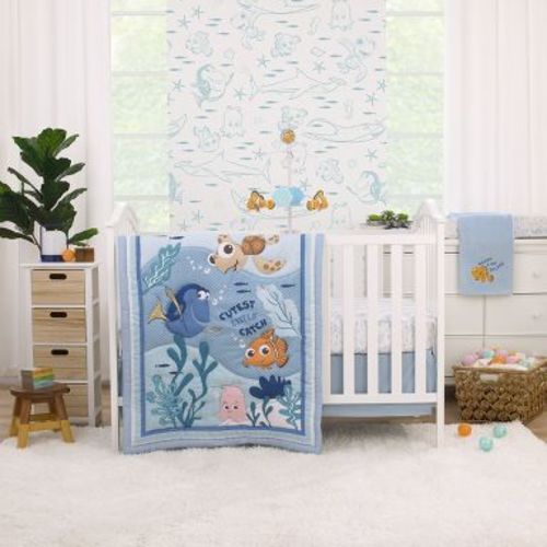 Disney Finding Nemo Cutest Little Catch Light Blue, Orange, and Navy 3 Piece Nursery Crib Bedding Set - Comforter, Fitted Crib Sheet, and Crib Skirt