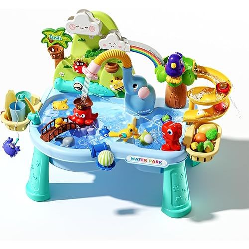 2027 Upgraded 10-in-1 Sand Water Table for Toddlers 1-3, Kids Sensory Table with Electric Water Pump & Elephant Faucet, Play Kitchen Sink with Food Accessories, Fishing Toy