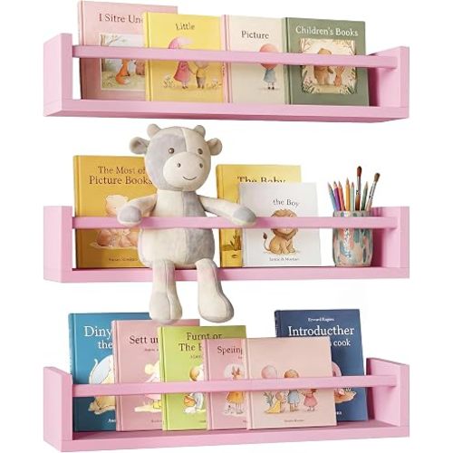 Fixwal Floating Nursery Book Shelves for Wall, 16.5in, Set of 3, Pink