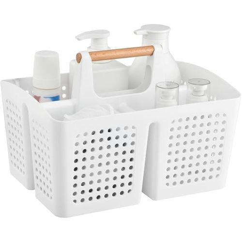 Portable Shower Caddy Basket with Compartments, Plastic Divided Cleaning Caddy Organizer Storage Tote with Handle for Bathroom, College, Dorm Room Essentials, White