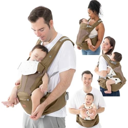 BabbleRoo 6-in-1 Baby Carrier with Hip Seat, Ergonomic Newborn to Toddler Carrier 7–50 lbs, Front Back Hip Carry, Lumbar Support, Sun Hood, Safety-Certified, Warm Taupe