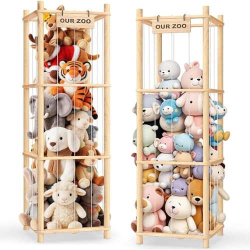 Woodure Stuffed Animal Storage & Organizer, Wooden Cute Zoo Toy Holder for Toddler Rooms, Playrooms & Bedrooms（White）