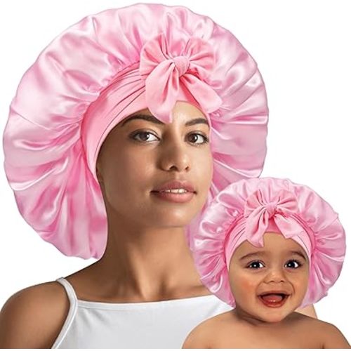 2 PCS Mommy and Me Bonnet Set, Silk for Kids and Women, Satin for Sleeping with Elastic Tie Band, Adjustable Hair Cap for Women Girl Kids Toddler (Pink)