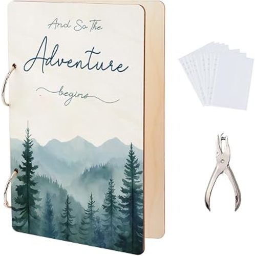 SUPERDANT Adventure Begins Greeting Card Organizer Gift Card Holder Cards Keeper Storage Keepsake Book Binder Birthday Holiday Post Cards Photo Album Holder with Punch and 20pcs Inner Pockets