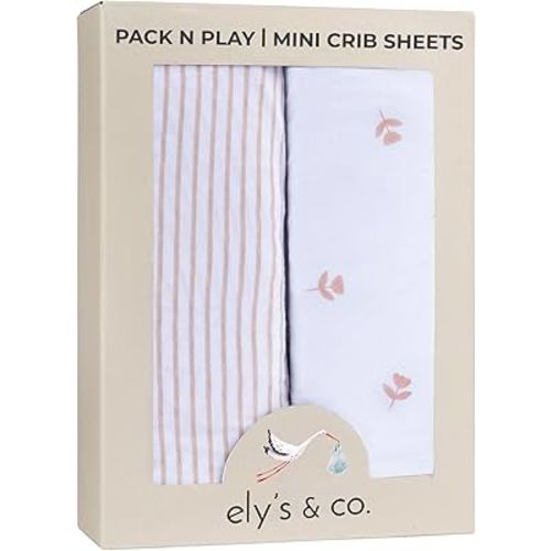 Ely’s & Co. Pack and Play Sheets, for Mini/Portable Crib, 2 Pack Fitted Playpen Play Yard Sheet Set Compatible with Graco Pack n Play, for Baby Girls, 100% Cotton, Pink Tulips and Stripes, 38”x24”x5”