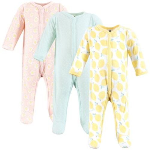 Hudson Baby Infant Girls Cotton Sleep and Play 3-Pack, Lemon Daisy, 6-9 Months