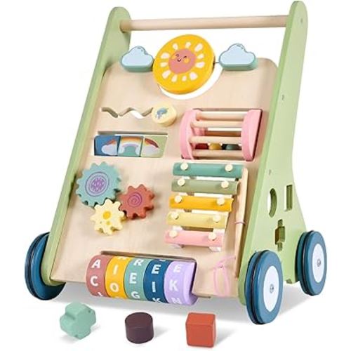 Baby Push Walker, Wooden Baby Walker with Wheels, Montessori Push Walker for Babies 10-12 Months, Adjustable Speed Push Walking Toys for Boys&Girls 1 Year Old, Christmas Birthday Gifts for Toddler