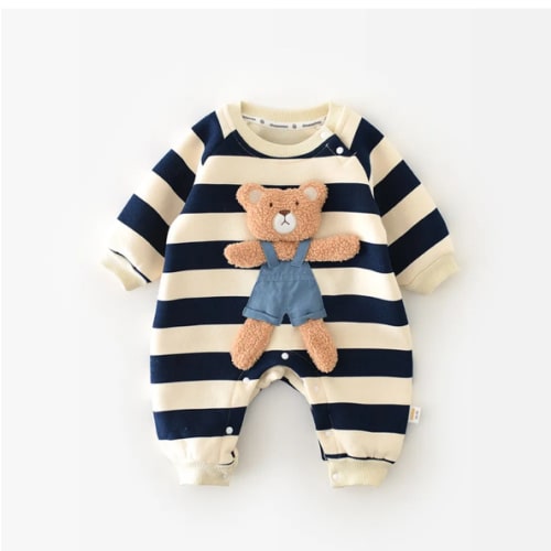 Baby Striped Bear Fleece Lined Romper